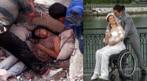 Ömür Kinay under the rubble in the 1999 earthquake and on her wedding day years later.